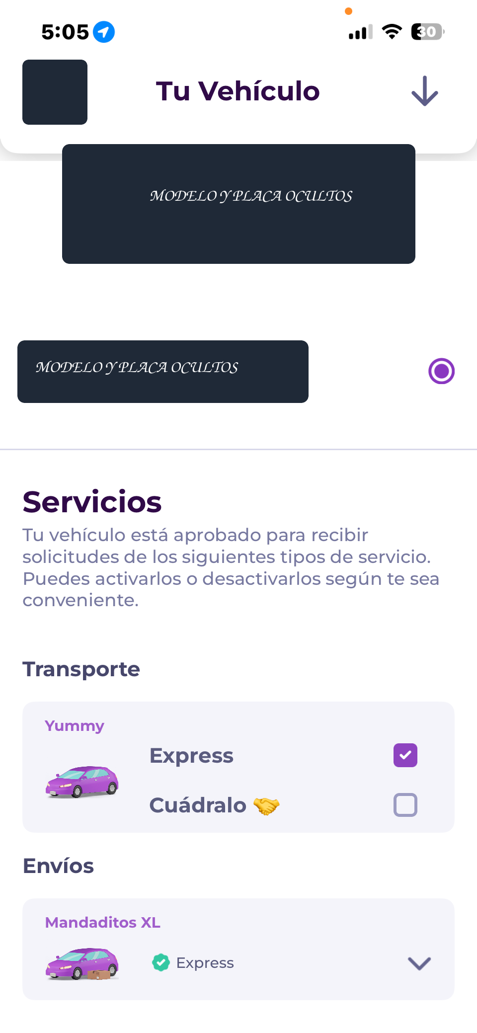 Pantalla Servicios de la app Yummy Rides con la casilla Cuádralo desactivada