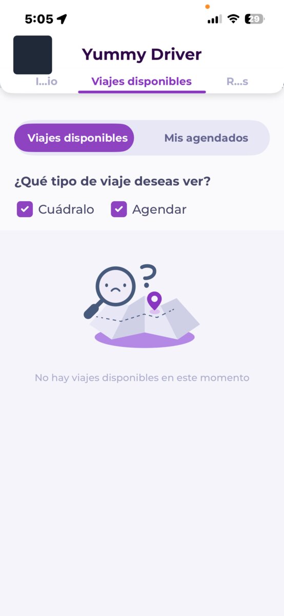 Pantalla Viajes disponibles de Yummy Driver con el filtro de tipo de viaje Cuádralo y Agendar marcados
