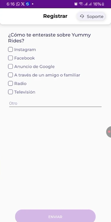 Pantalla de registro de Yummy Rides con la encuesta ¿Cómo te enteraste sobre Yummy Rides? y sus opciones