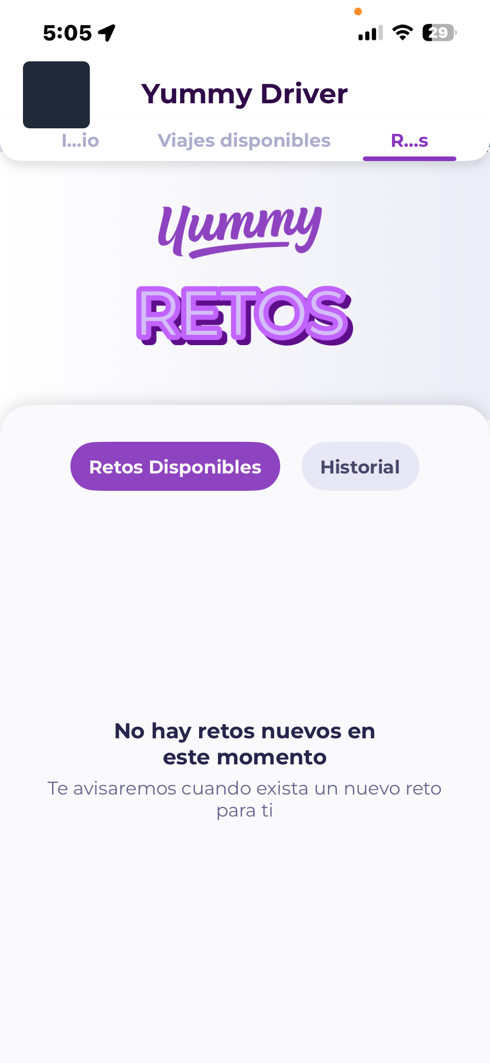 Pestaña de retos de Yummy Rides sin retos disponibles para el conductor