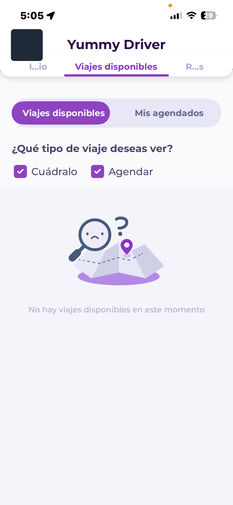Filtro de tipo de viaje en la pestaña Viajes disponibles de Yummy Rides